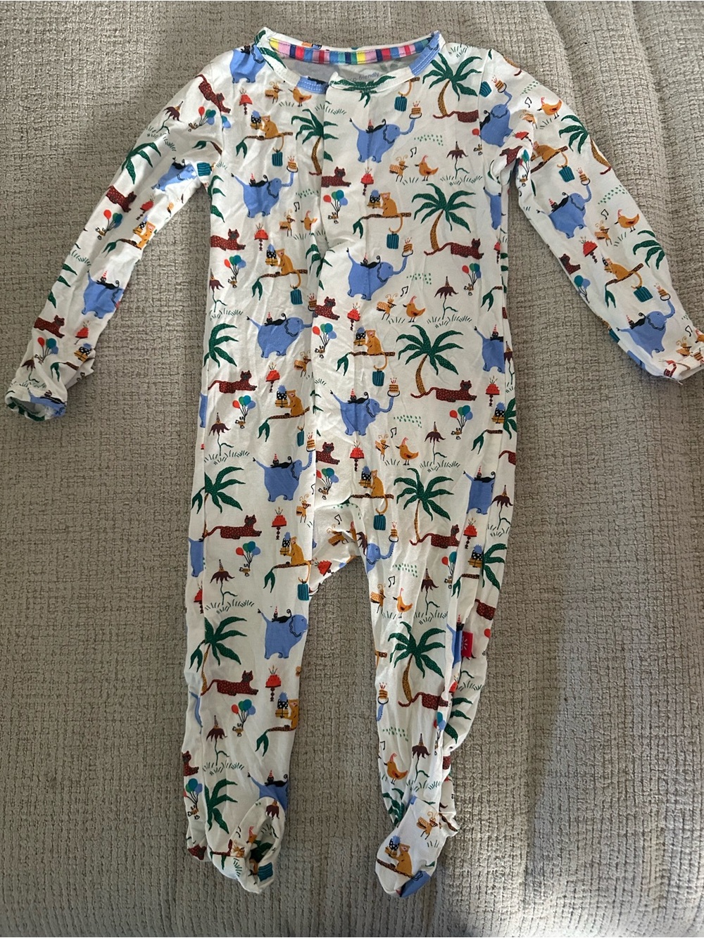 Magnetic Me White Footed One-Piece with Blue & Green Animal Print 3-6M